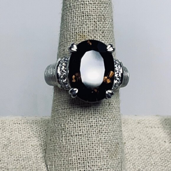 Judith Ripka Sterling Silver Smokey Quartz And Clear CZ Statement Ring (R458) - Picture 7 of 10